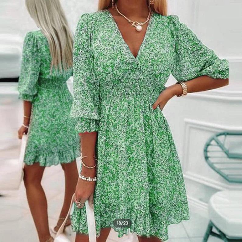 Sunna - Women's Floral Midi Dress — Smocked Waist & V-Neck