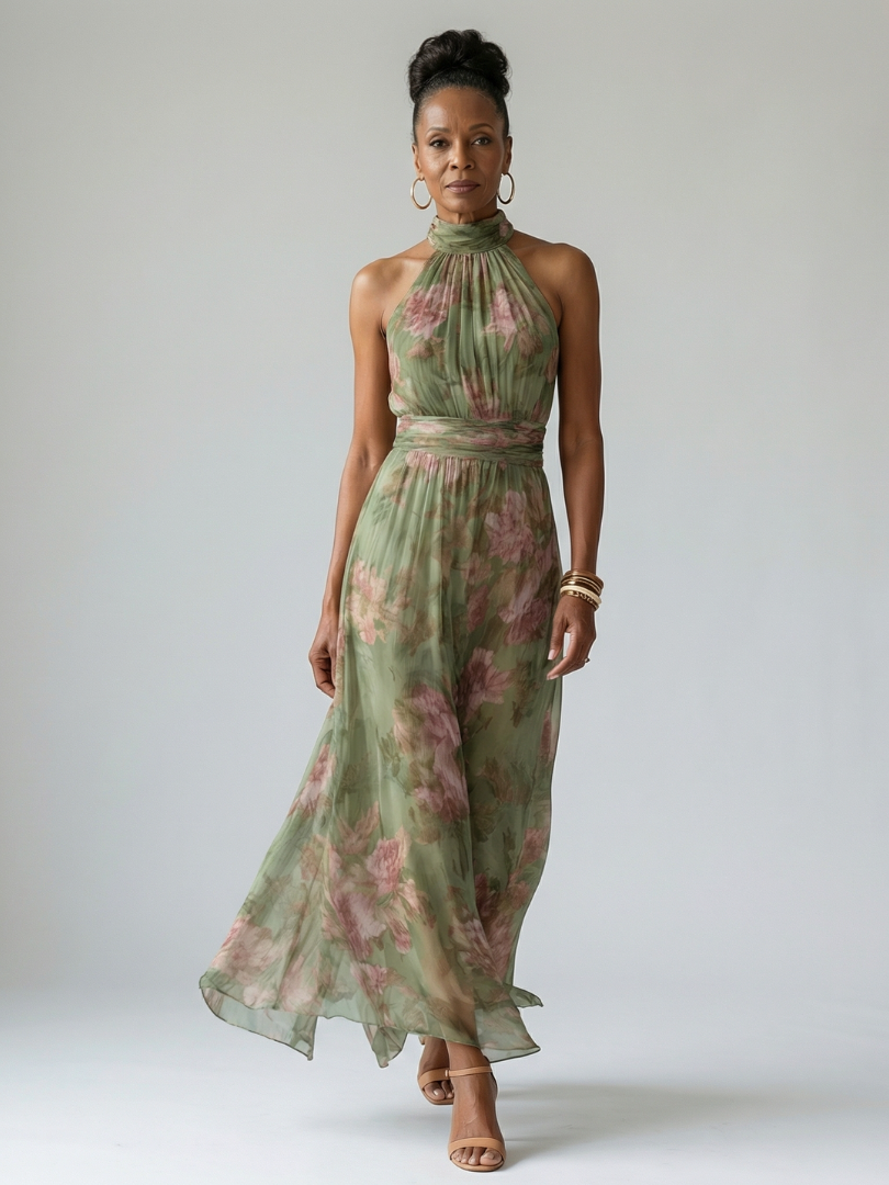 Mirelle - Women's Floral Halter Midi Dress | Gathered Bodice