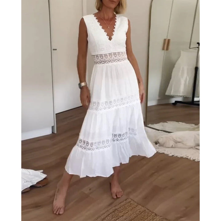 Clarissa | Women's Elegant Lace Midi Dress — V-Neck