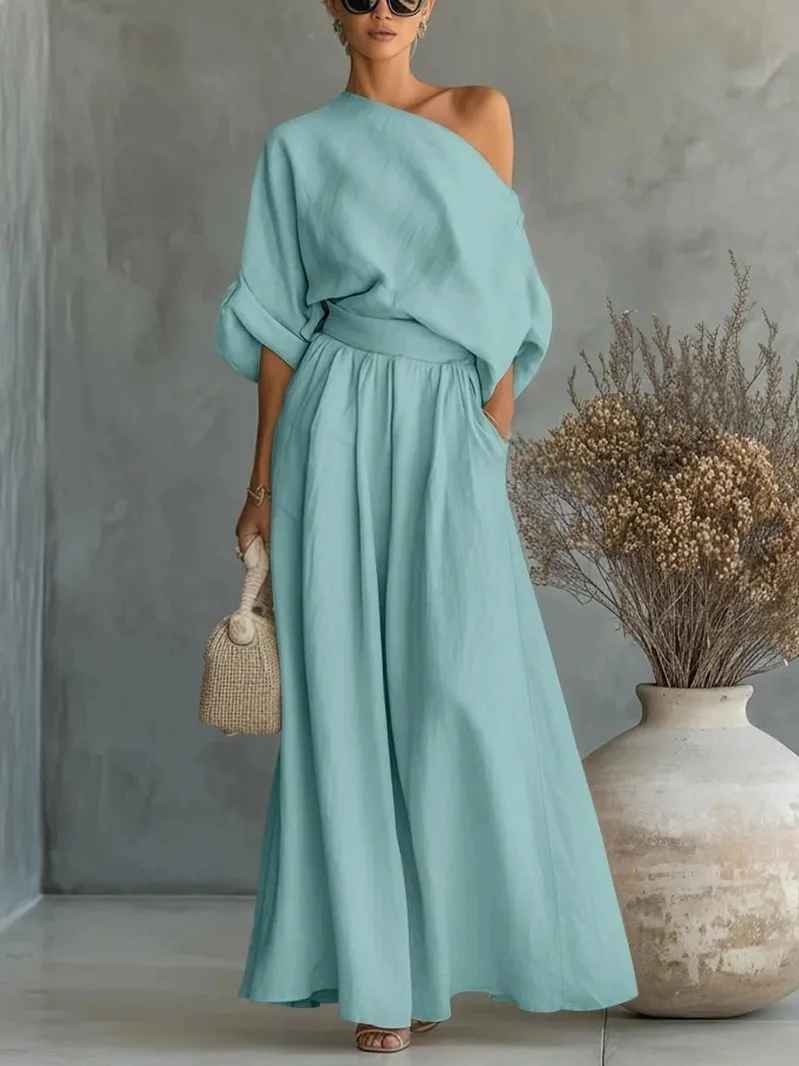 Victoria™ | Off-Shoulder Linen Top and Tapered Pants Set