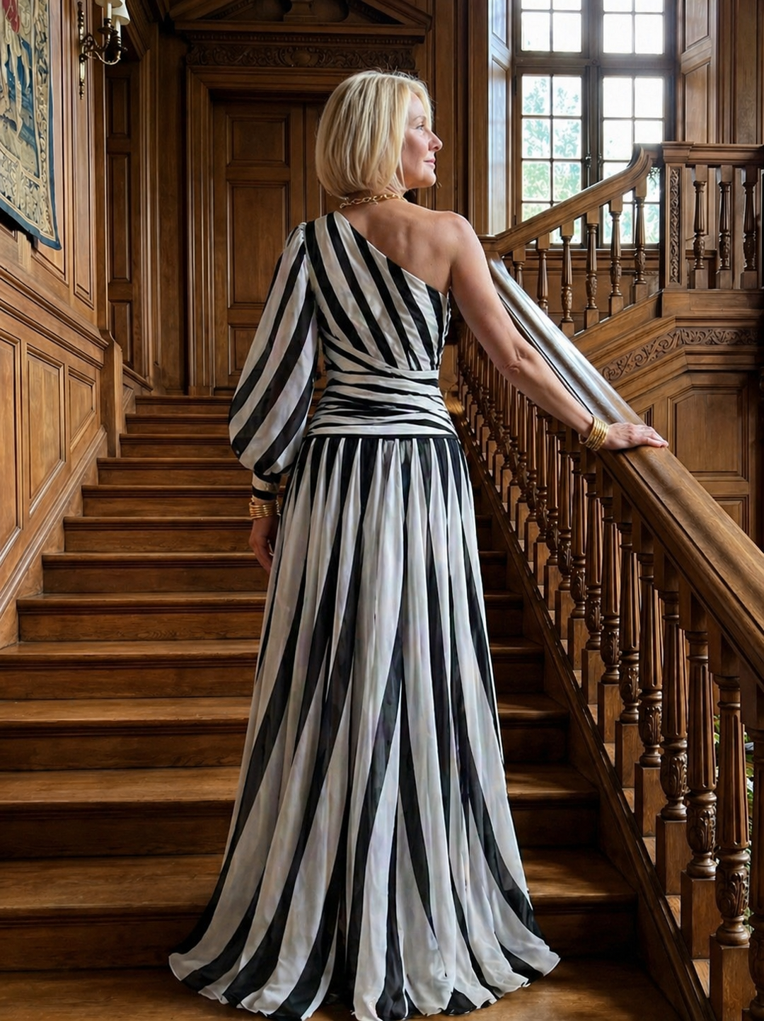 Ellis & Johnson™ | Elegant Striped Maxi Dress with One Shoulder