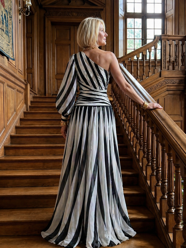 Ellis & Johnson™ | Elegant Striped Maxi Dress with One Shoulder