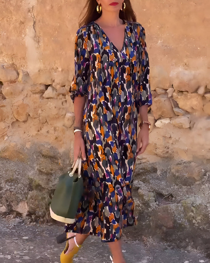 Nathalie - Women's Retro Printed V-Neck Dress | Relaxed Fit