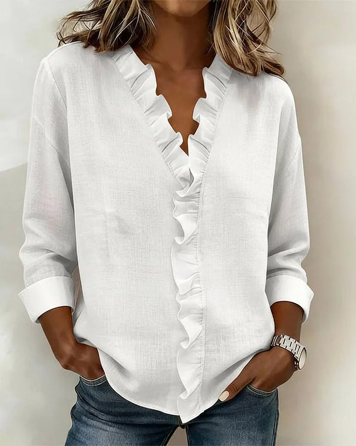 Indie | Women's Ruffled V-Neck Blouse — Long Sleeve