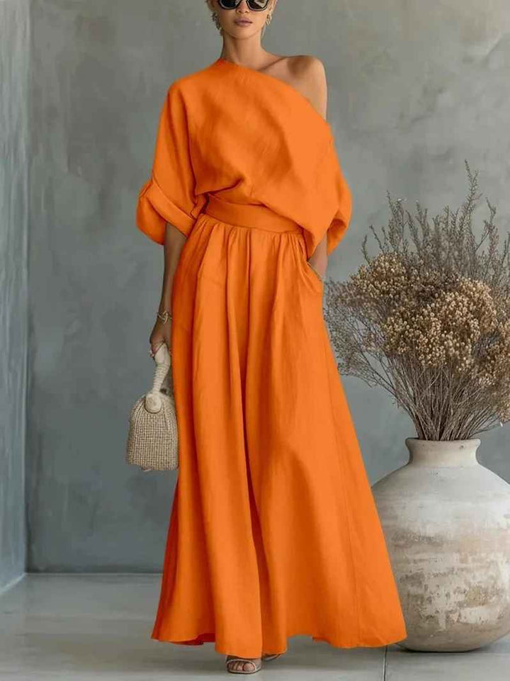 Victoria™ | Off-Shoulder Linen Top and Tapered Pants Set