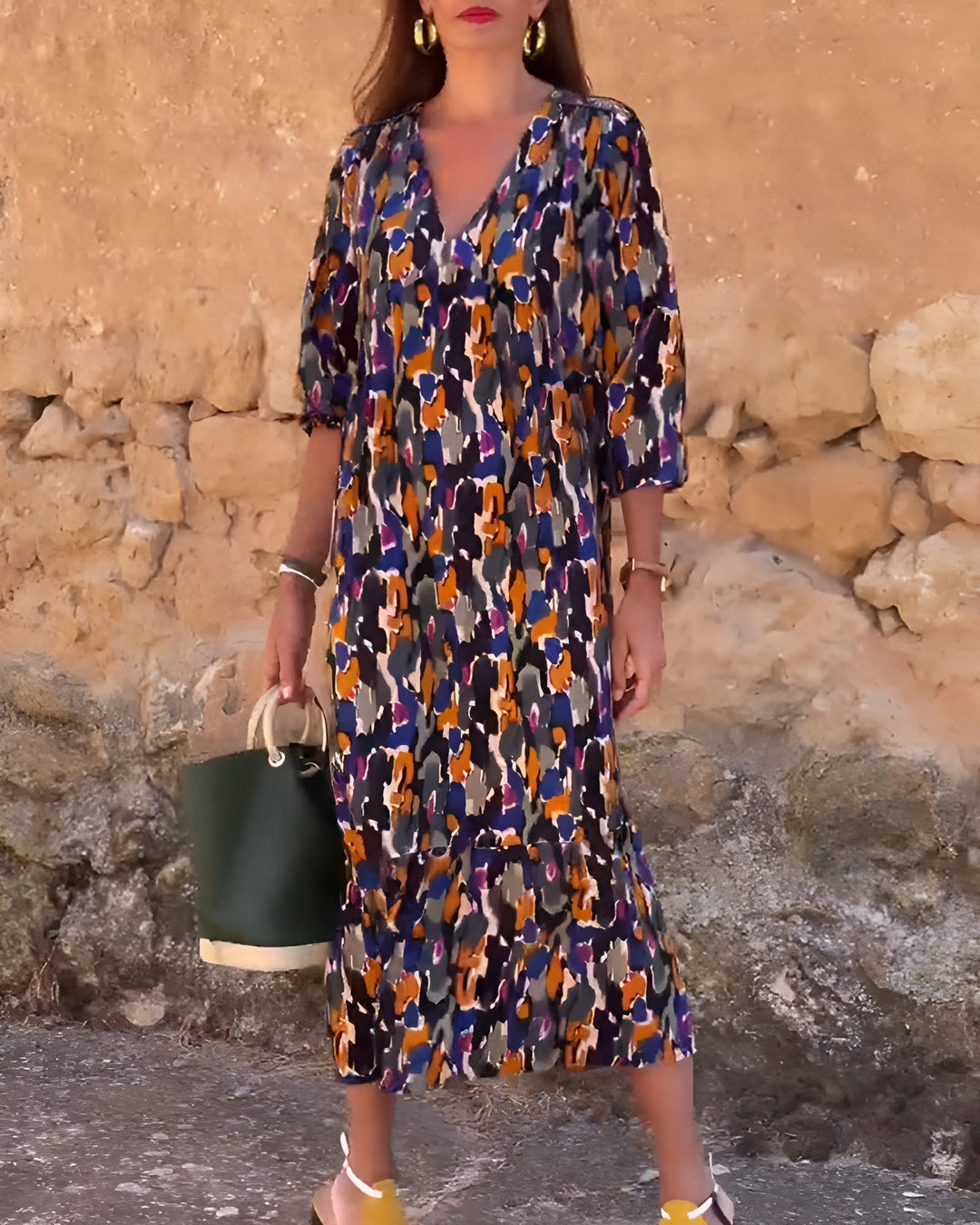 Nathalie - Women's Retro Printed V-Neck Dress | Relaxed Fit