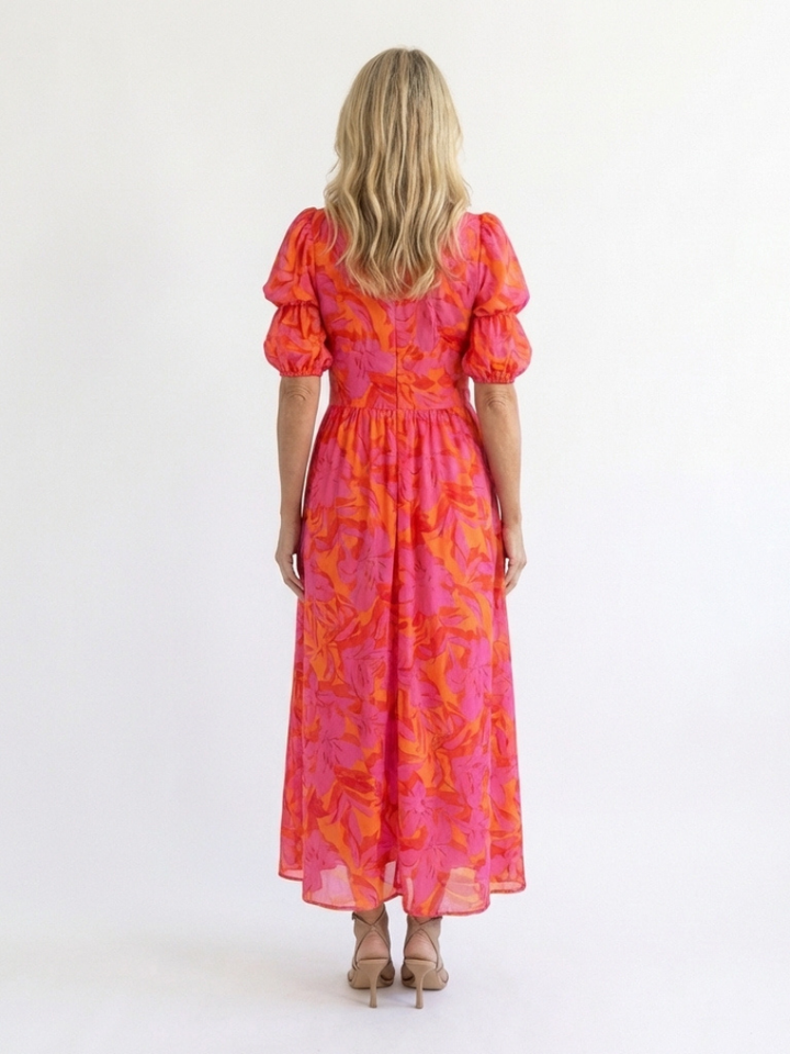 Ellis & Johnson™  | Floral V Neck Puff Sleeve Midi Dress
