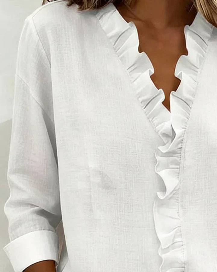 Indie | Women's Ruffled V-Neck Blouse — Long Sleeve