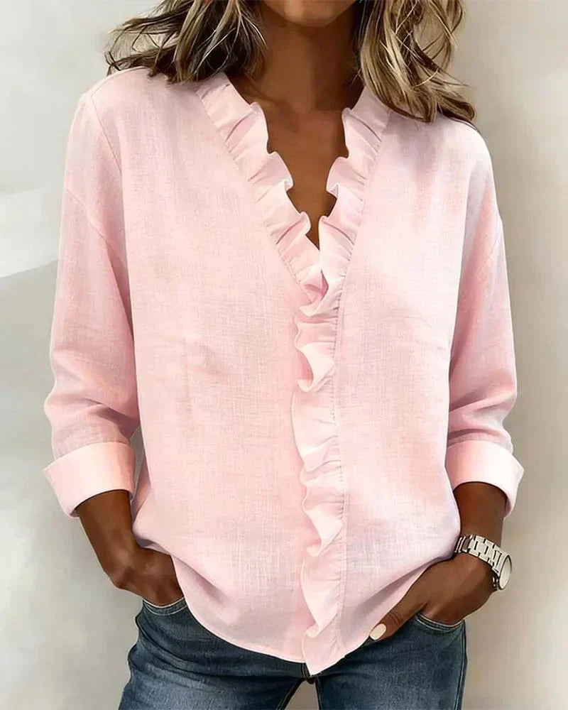 Indie | Women's Ruffled V-Neck Blouse — Long Sleeve