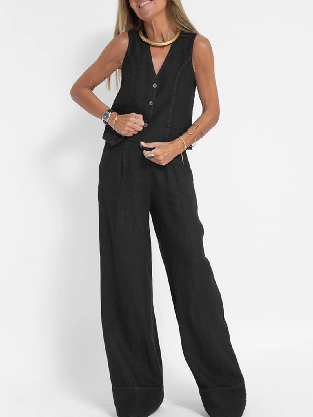 Suzanne - Women's Sleeveless V-Neck Vest & Wide-Leg Pants Set