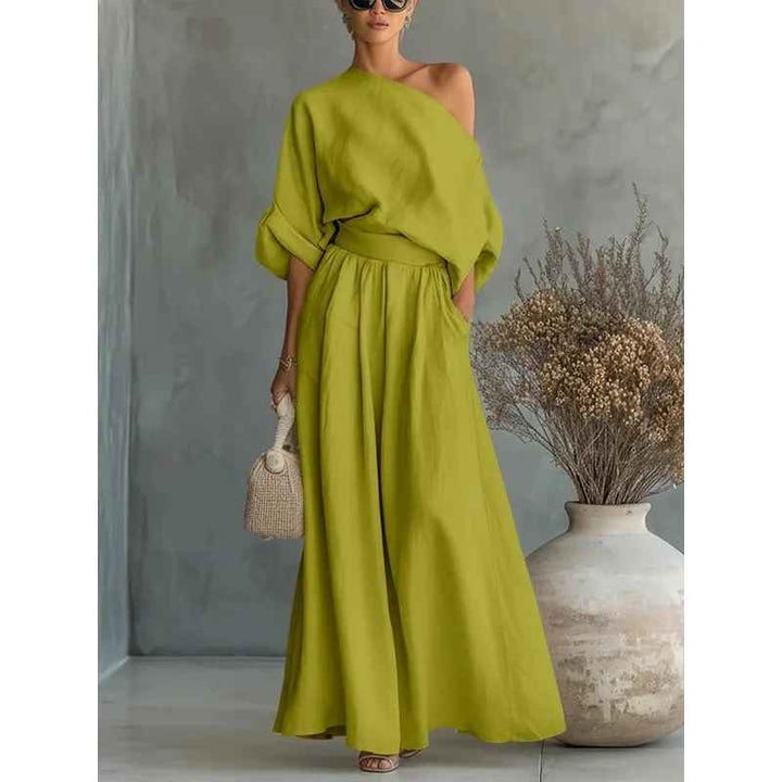 Victoria™ | Off-Shoulder Linen Top and Tapered Pants Set