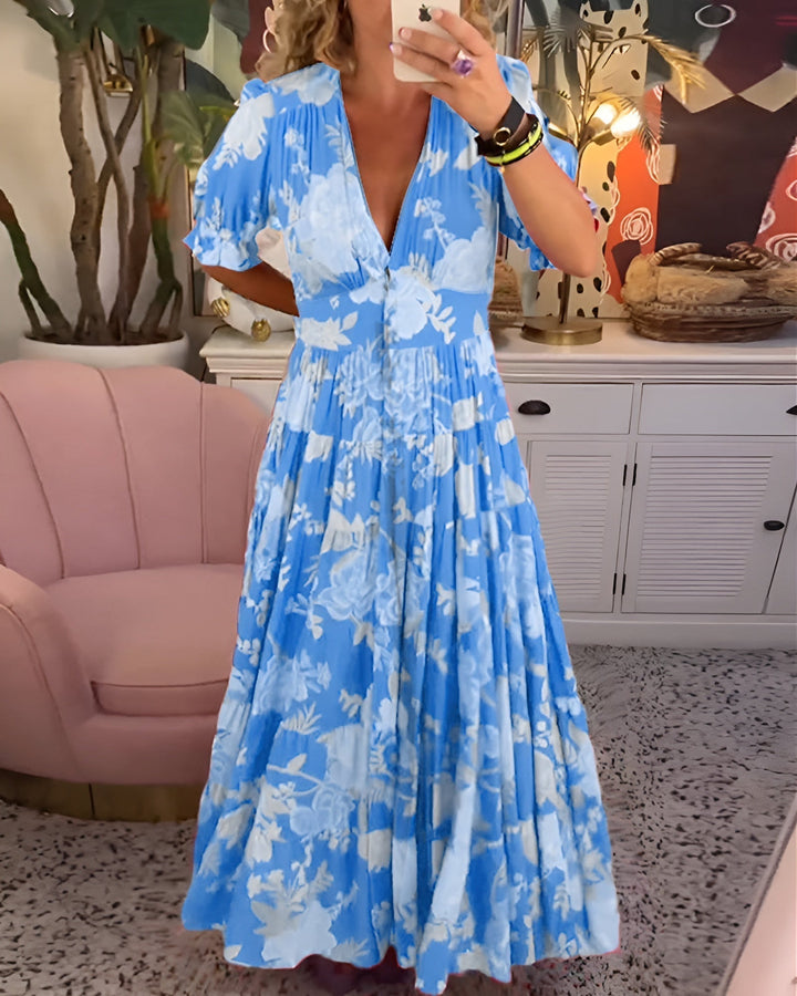 Carine - Women's Floral V-Neck Dress with Pockets