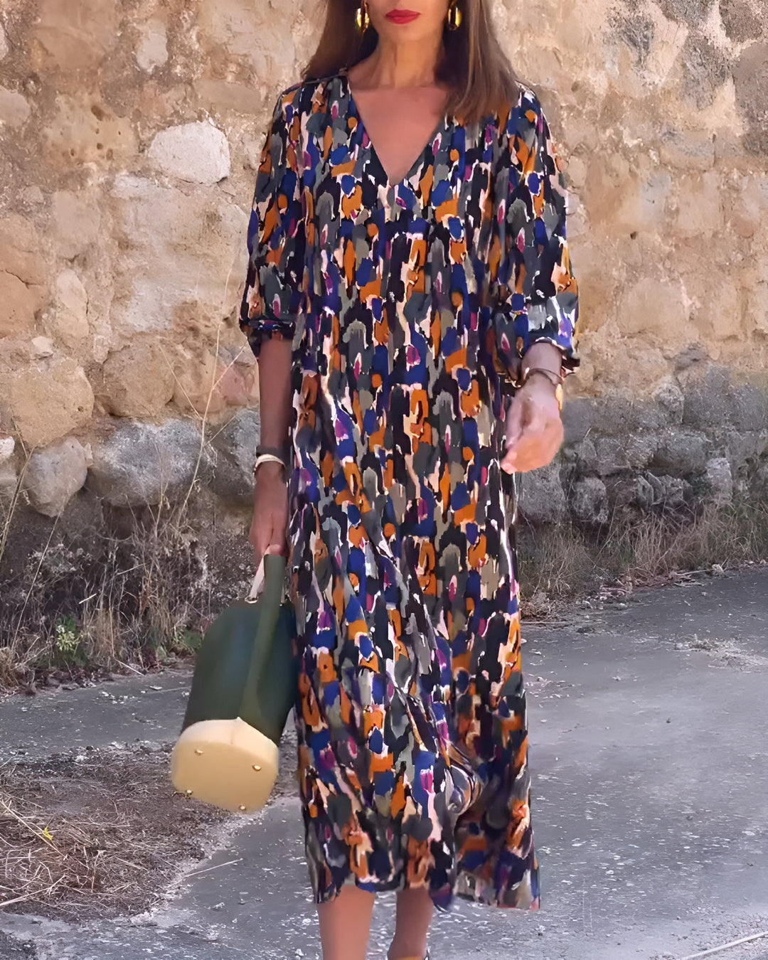 Nathalie - Women's Retro Printed V-Neck Dress | Relaxed Fit