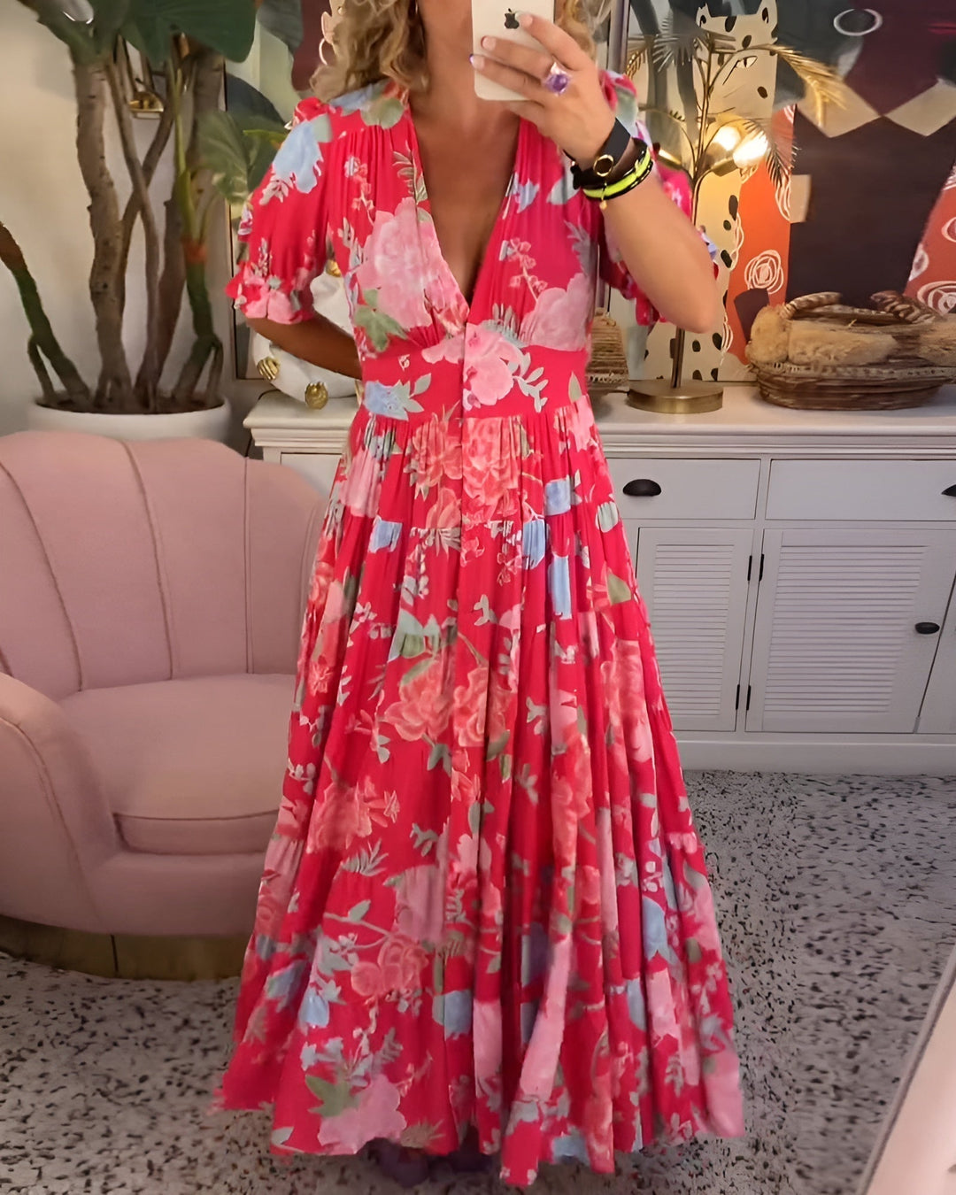 Carine - Women's Floral V-Neck Dress with Pockets