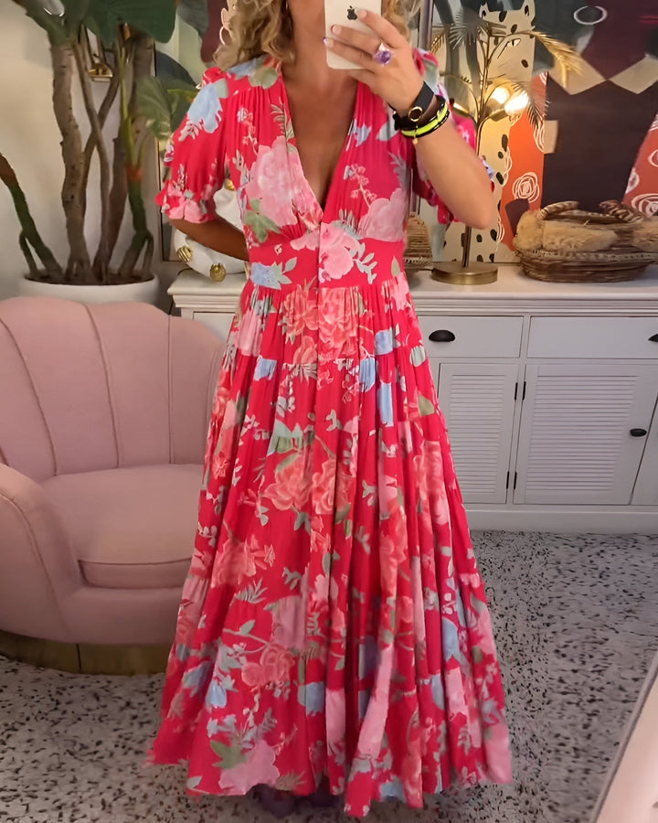 Carine - Women's Floral V-Neck Dress with Pockets