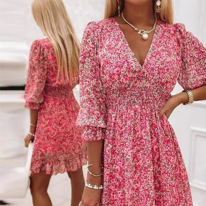 Sunna - Women's Floral Midi Dress — Smocked Waist & V-Neck