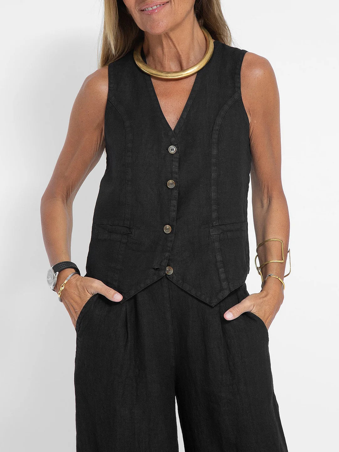 Suzanne - Women's Sleeveless V-Neck Vest & Wide-Leg Pants Set