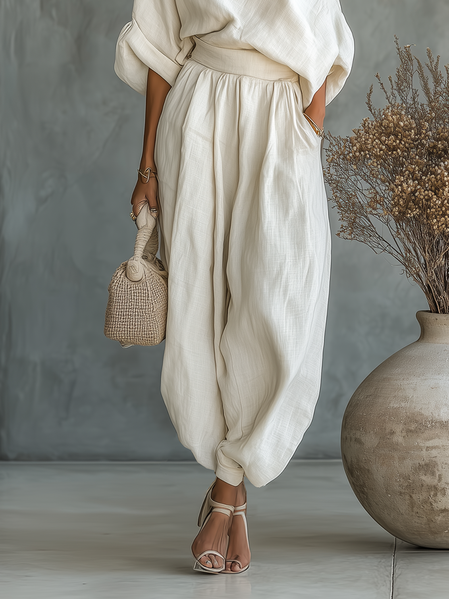 Victoria™ | Off-Shoulder Linen Top and Tapered Pants Set