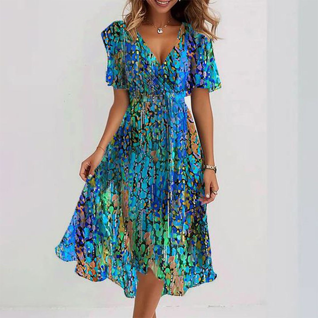 Sapphire | Women's Blue Midi Dress — Elegant Short Sleeve