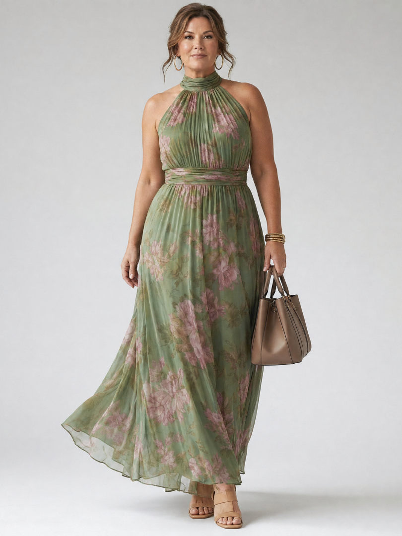 Mirelle - Women's Floral Halter Midi Dress | Gathered Bodice