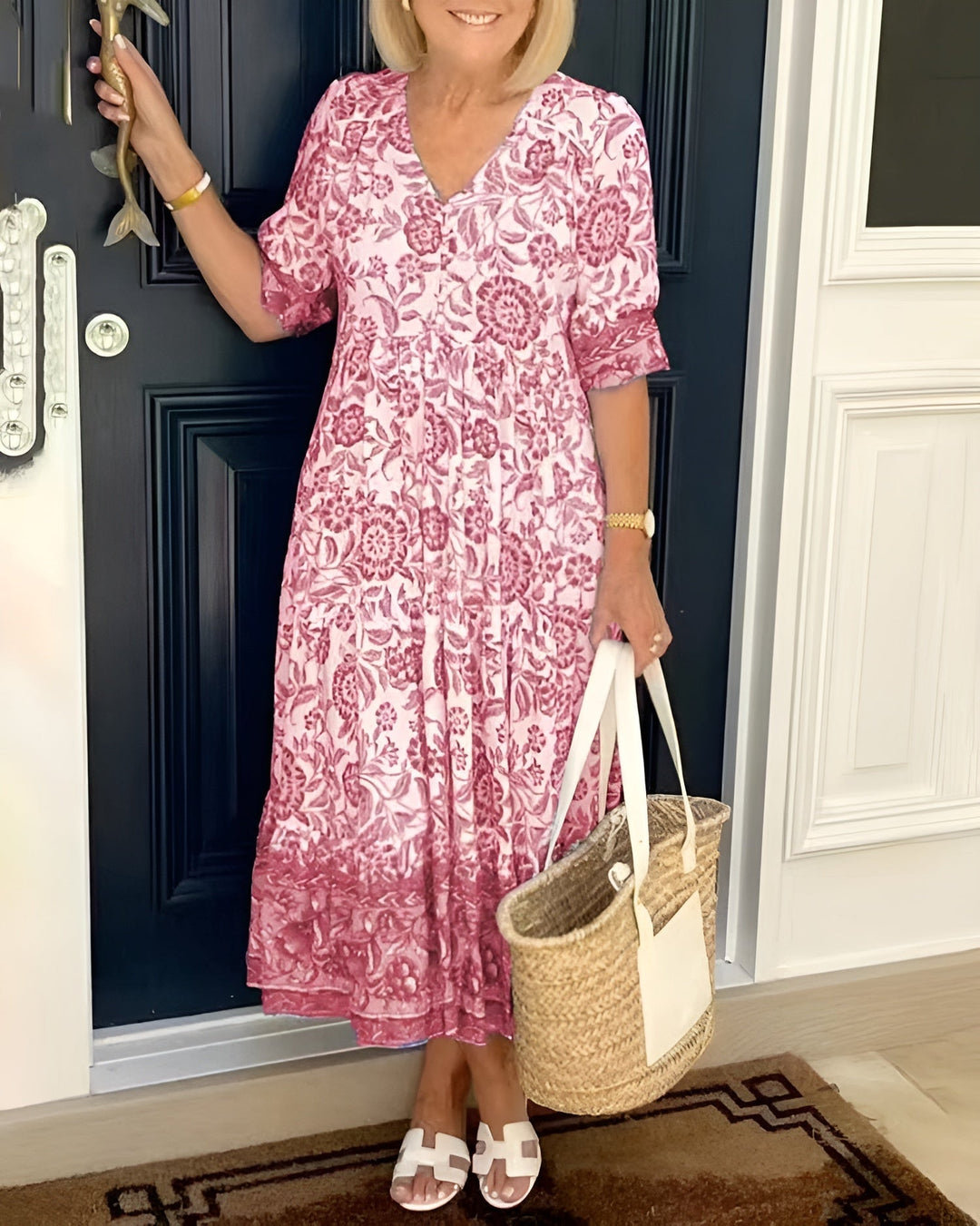 Evelyne | Women's Elegant Floral Midi Dress — V-Neck