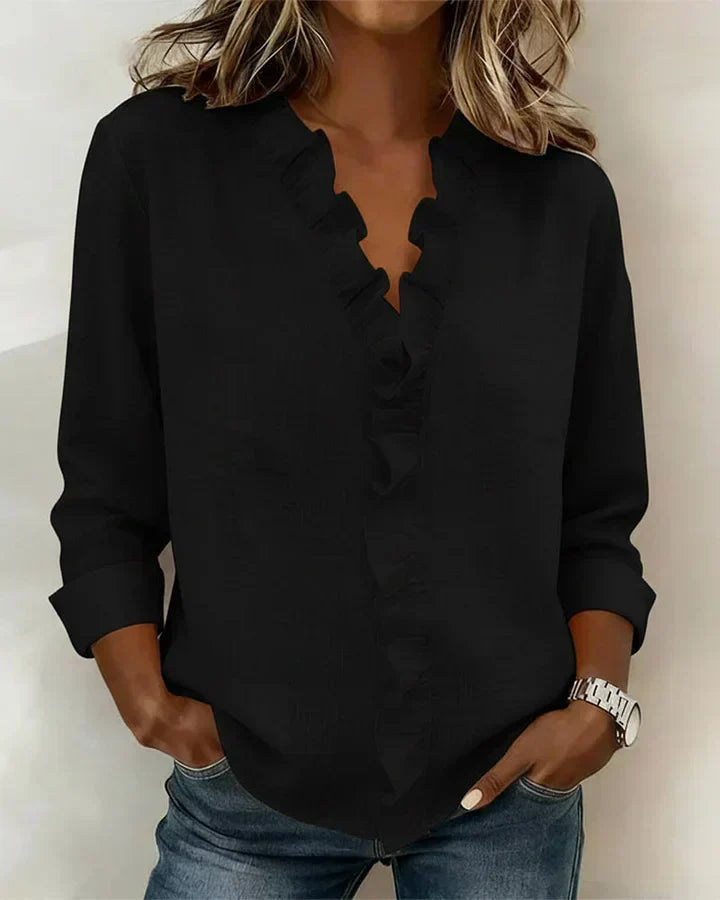 Indie | Women's Ruffled V-Neck Blouse — Long Sleeve