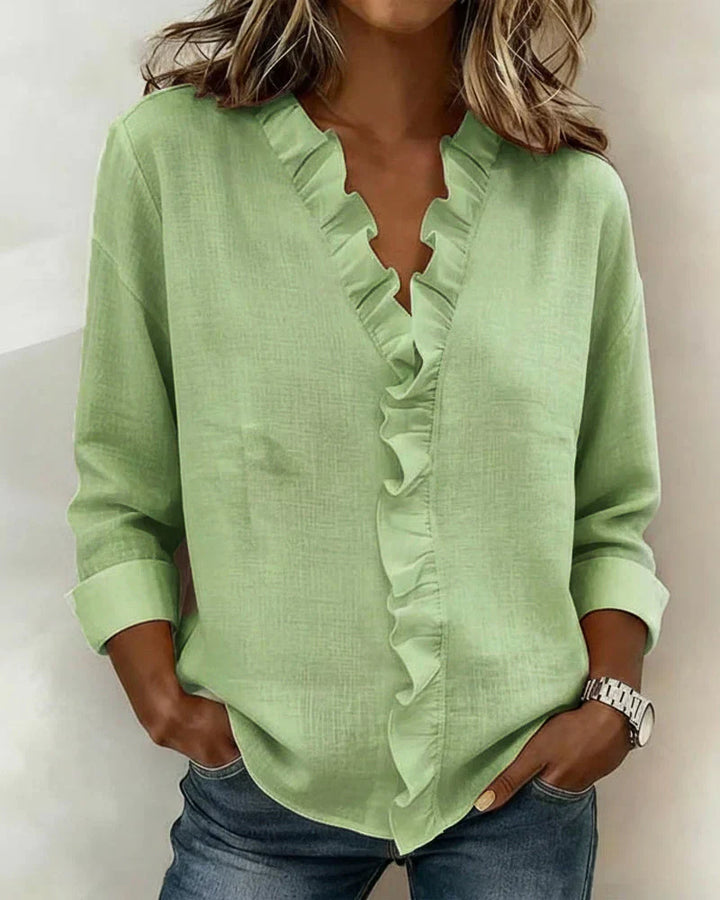 Indie | Women's Ruffled V-Neck Blouse — Long Sleeve