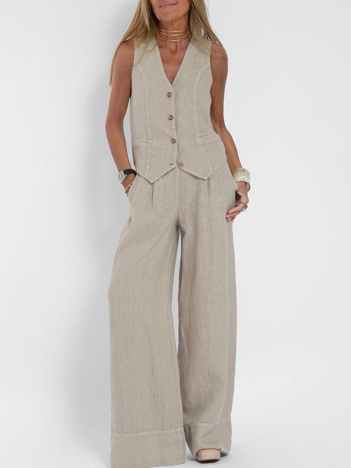 Suzanne - Women's Sleeveless V-Neck Vest & Wide-Leg Pants Set