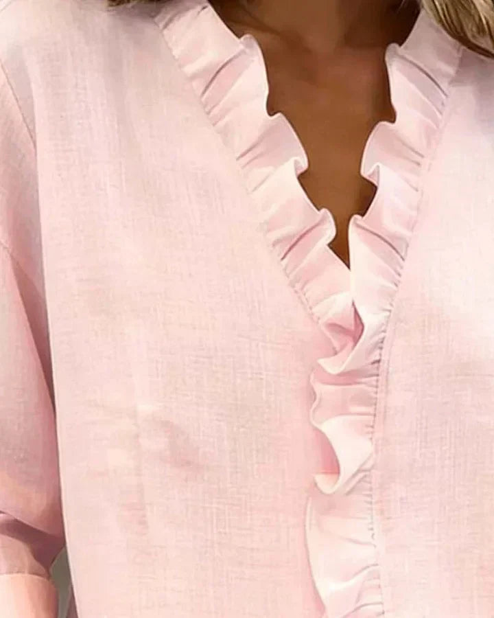 Indie | Women's Ruffled V-Neck Blouse — Long Sleeve