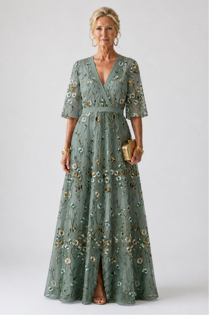 Mia  | Floral V Neck Short Sleeve Maxi Dress