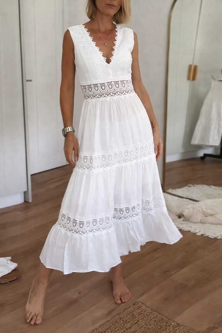 Clarissa | Women's Elegant Lace Midi Dress — V-Neck