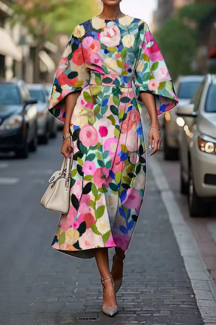 Moxlan | Women's Elegant Floral Midi Dress — Flattering Fit