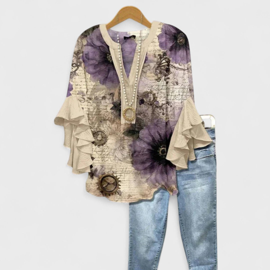 Cordelia | Women's Printed Ruffle-Sleeve Blouse — Relaxed Fit