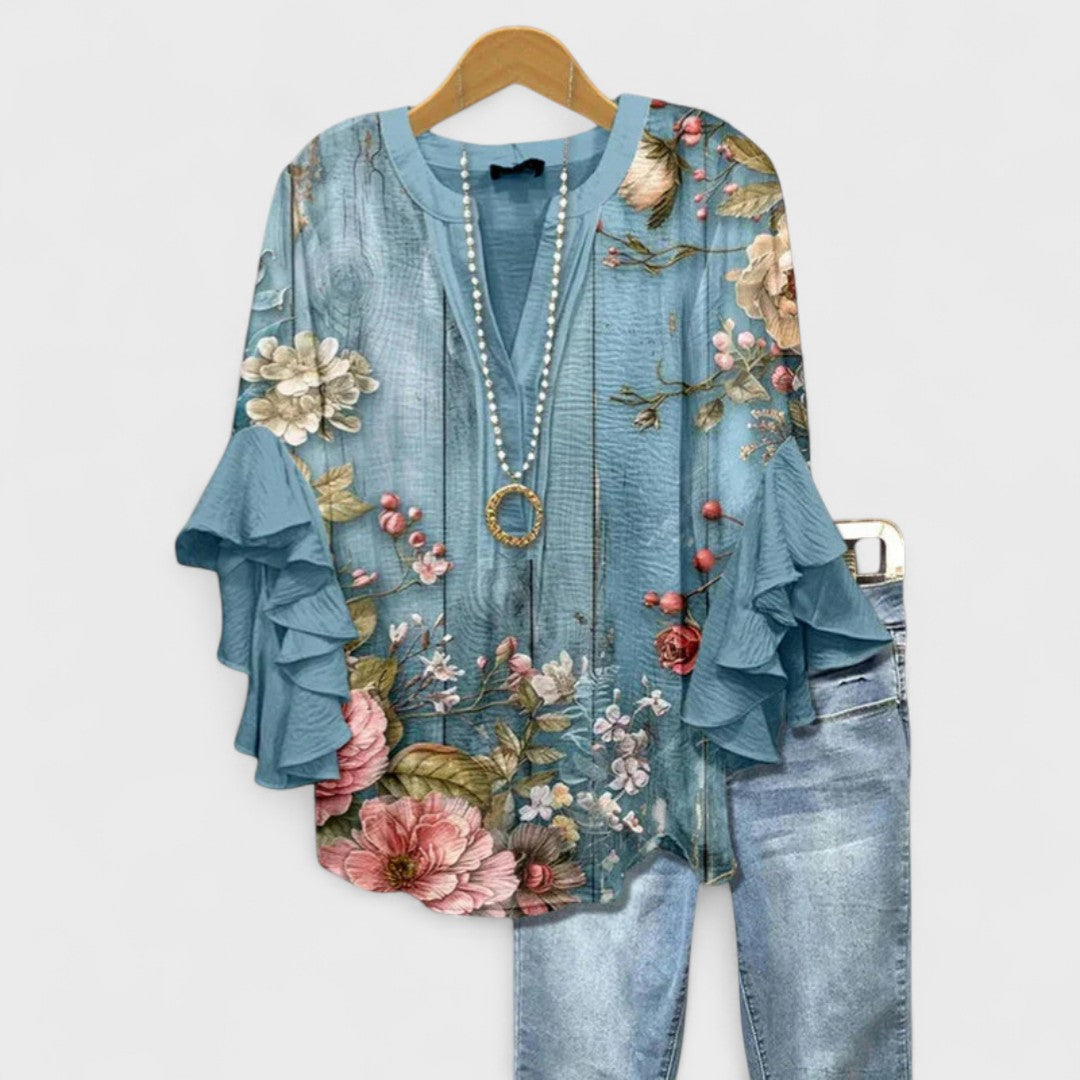 Cordelia | Women's Printed Ruffle-Sleeve Blouse — Relaxed Fit