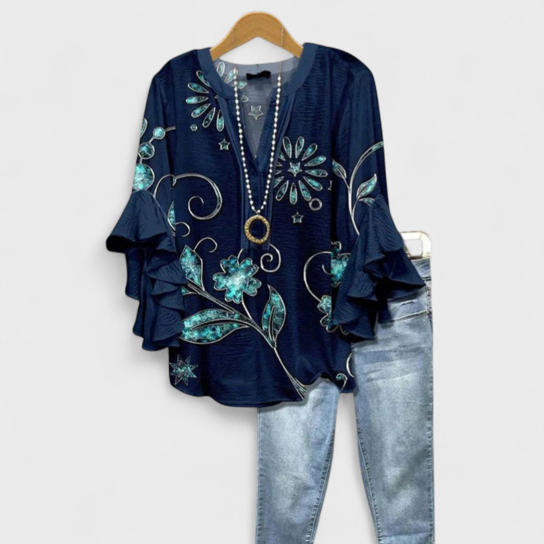 Cordelia | Women's Printed Ruffle-Sleeve Blouse — Relaxed Fit