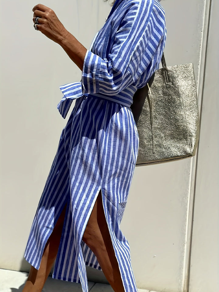 Christine - Women's Striped Shirt Dress with Belt & Button Closure