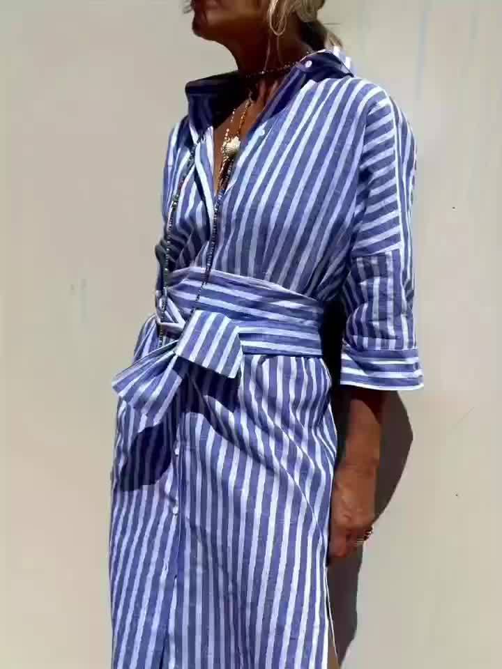 Christine - Women's Striped Shirt Dress with Belt & Button Closure