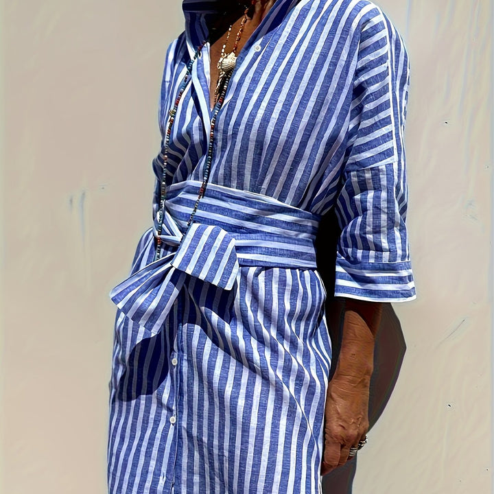 Christine - Women's Striped Shirt Dress with Belt & Button Closure