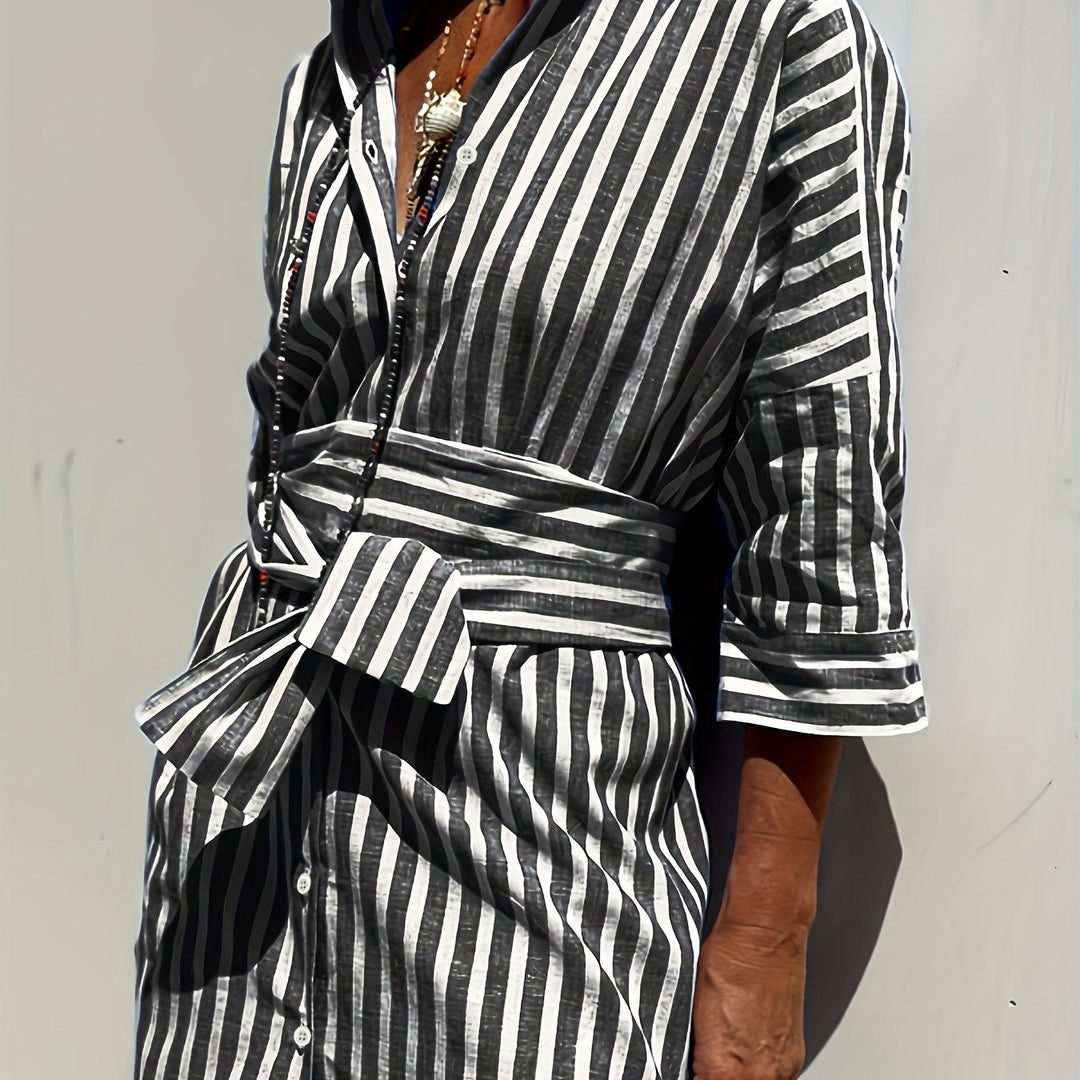 Christine - Women's Striped Shirt Dress with Belt & Button Closure