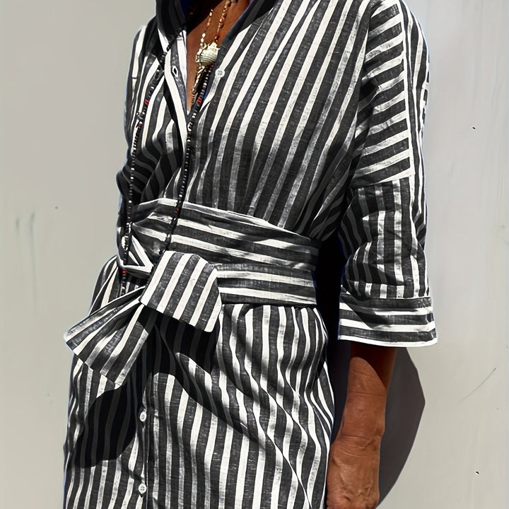 Christine - Women's Striped Shirt Dress with Belt & Button Closure