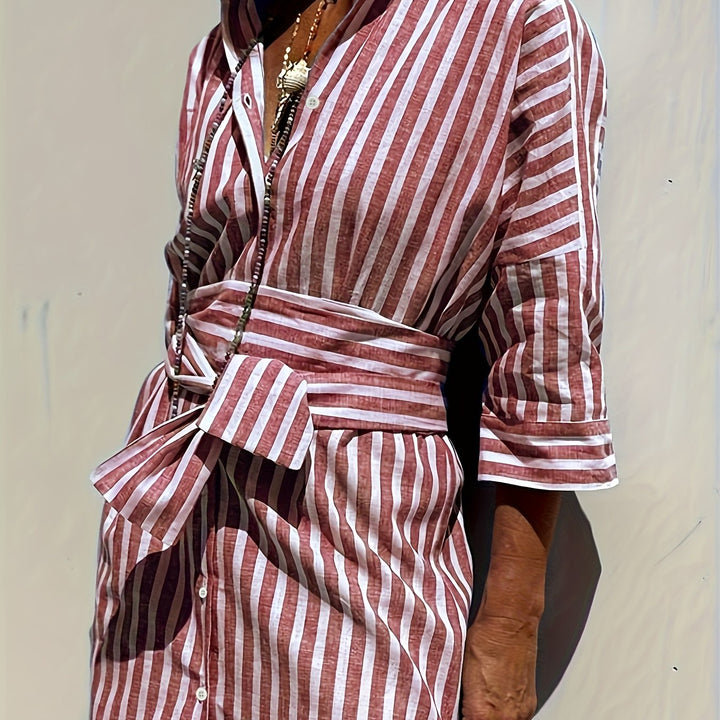 Christine - Women's Striped Shirt Dress with Belt & Button Closure