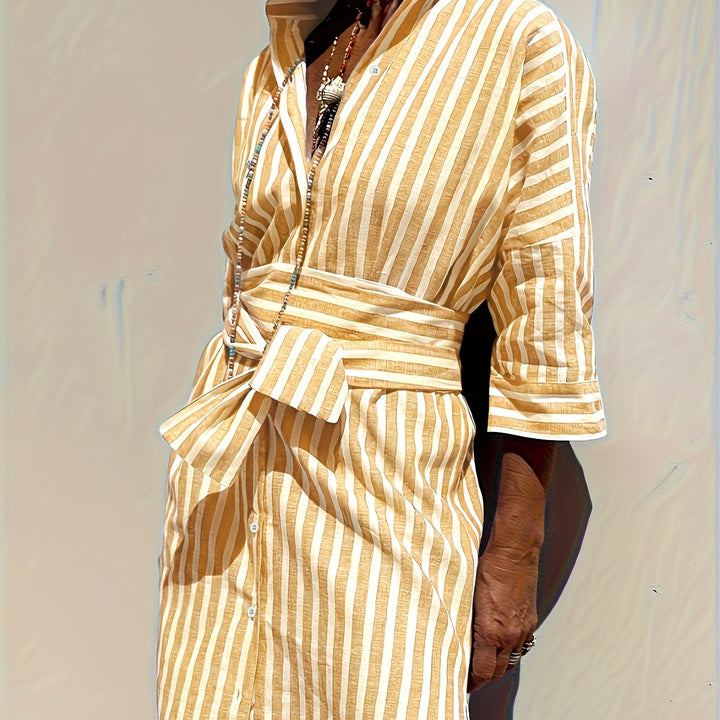 Christine - Women's Striped Shirt Dress with Belt & Button Closure