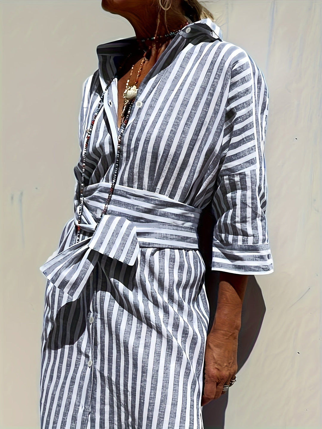Christine - Women's Striped Shirt Dress with Belt & Button Closure