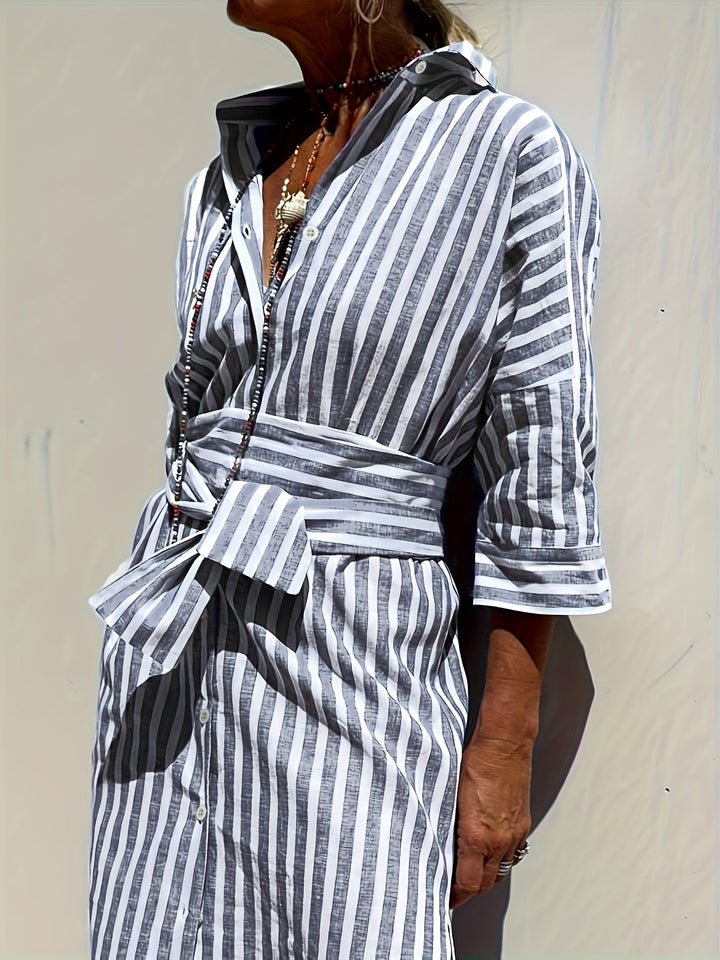 Christine - Women's Striped Shirt Dress with Belt & Button Closure