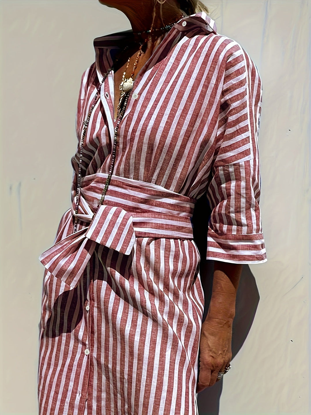 Christine - Women's Striped Shirt Dress with Belt & Button Closure