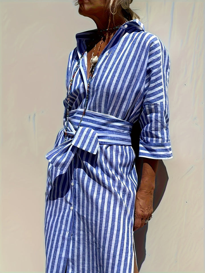 Christine - Women's Striped Shirt Dress with Belt & Button Closure