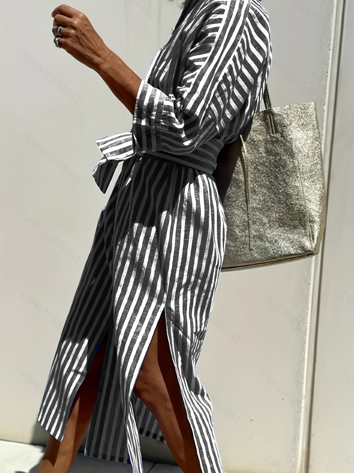 Christine - Women's Striped Shirt Dress with Belt & Button Closure