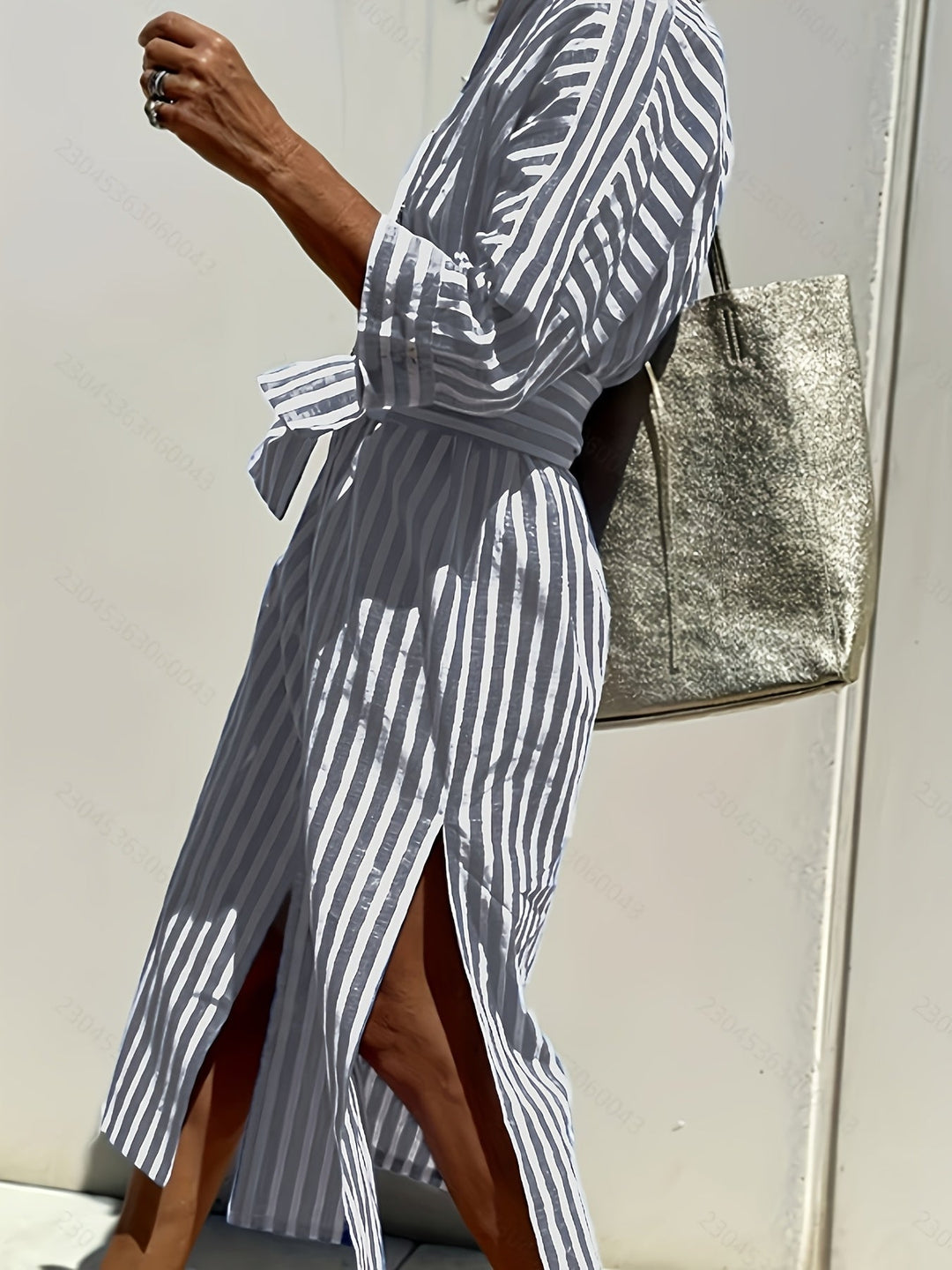 Christine - Women's Striped Shirt Dress with Belt & Button Closure
