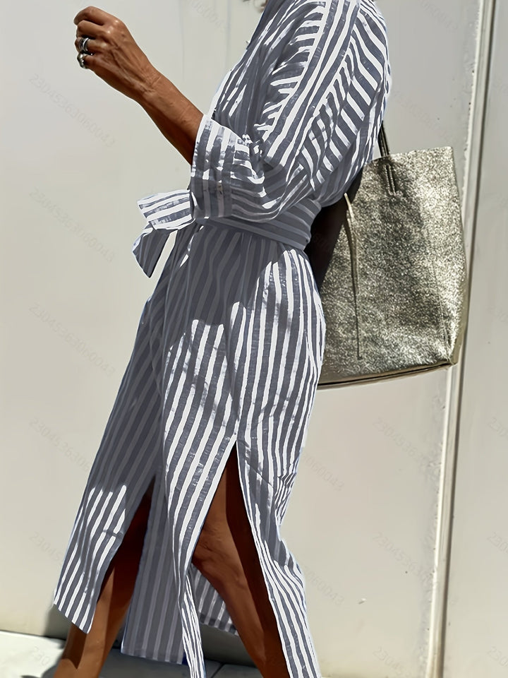 Christine - Women's Striped Shirt Dress with Belt & Button Closure
