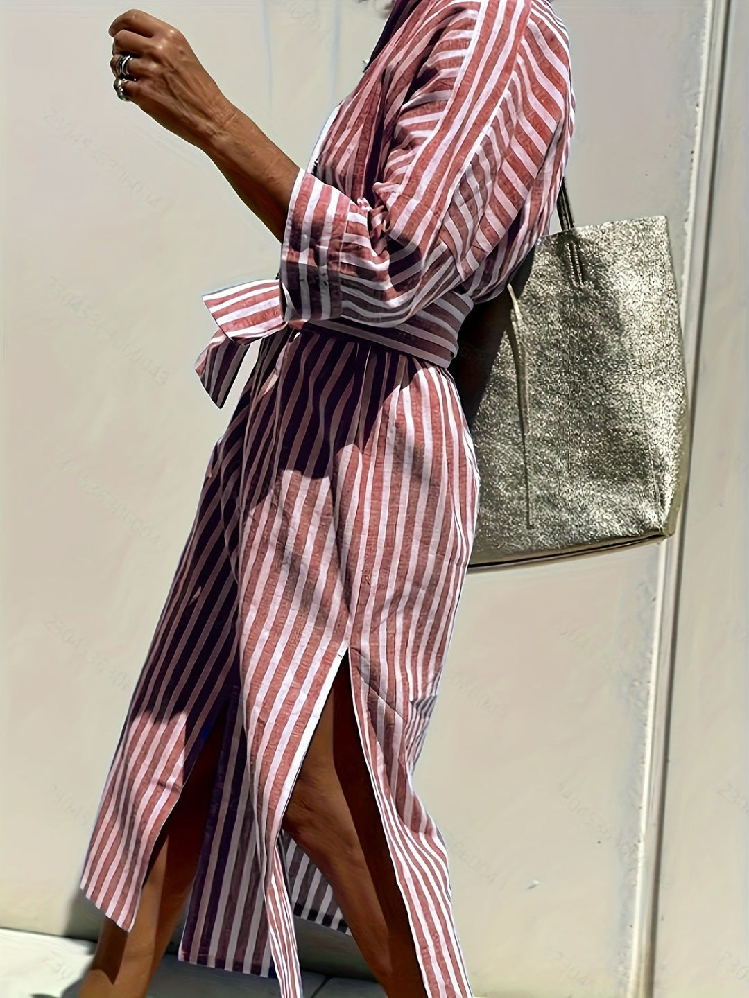 Christine - Women's Striped Shirt Dress with Belt & Button Closure